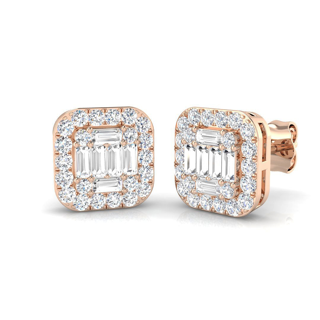 Stud Earrings with Square Cushion Halo Cluster - 1.25ct in 10K/14K gold and platinum with certified lab-grown or natural diamonds