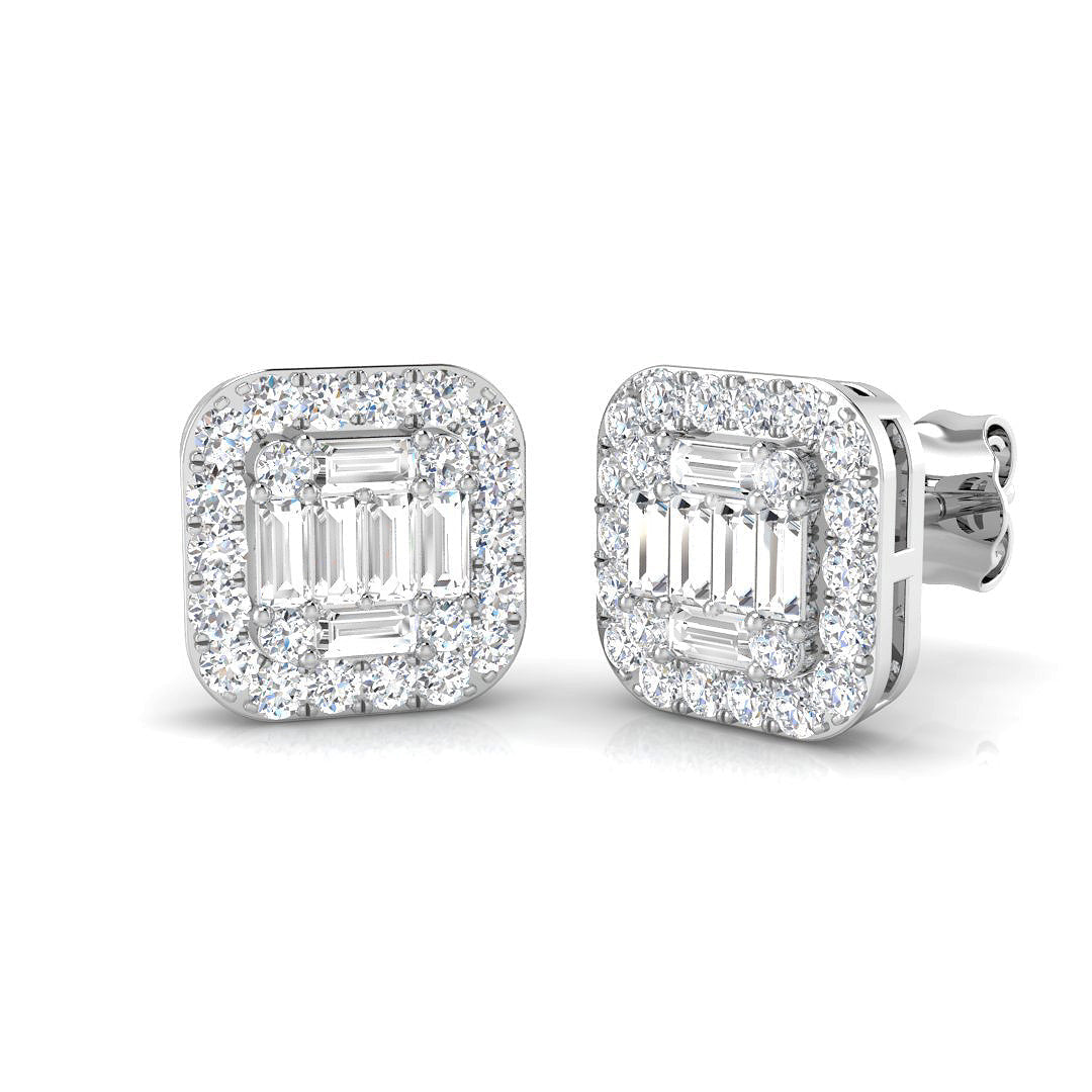 Stud Earrings with Square Cushion Halo Cluster - 1.25ct in 10K/14K gold and platinum with certified lab-grown or natural diamonds
