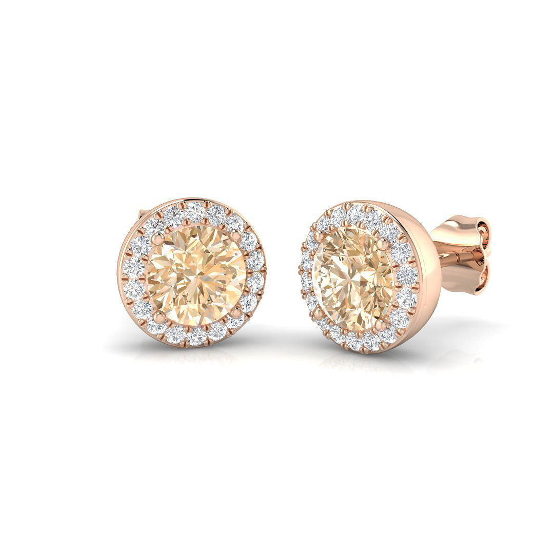 Round Morganite Halo Stud Earrings with Pave Diamonds - Push Back in 10K/14K gold and platinum with certified lab-grown or natural diamonds