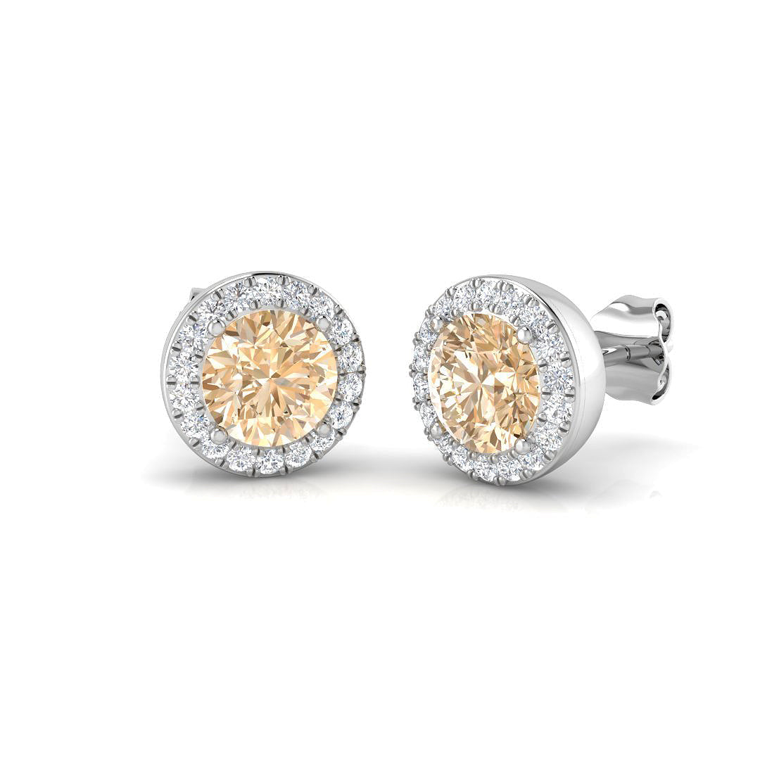 Round Morganite Halo Stud Earrings with Pave Diamonds - Push Back in 10K/14K gold and platinum with certified lab-grown or natural diamonds