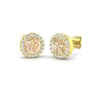 Round Morganite Halo Stud Earrings with Pave Diamonds - Push Back in 10K/14K gold and platinum with certified lab-grown or natural diamonds