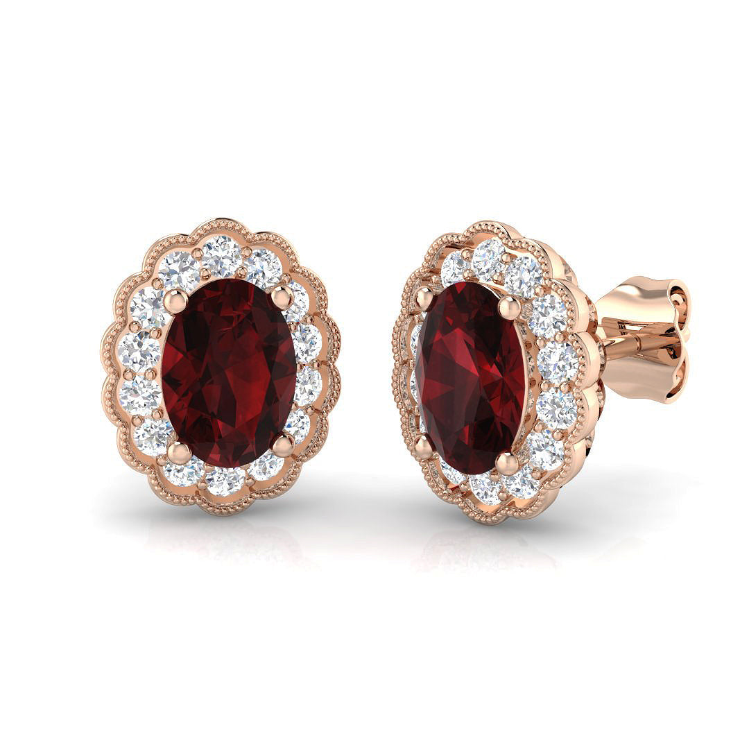 Ruby Halo Milgrain Stud Earrings in 10K/14K gold and platinum with certified lab-grown or natural diamonds