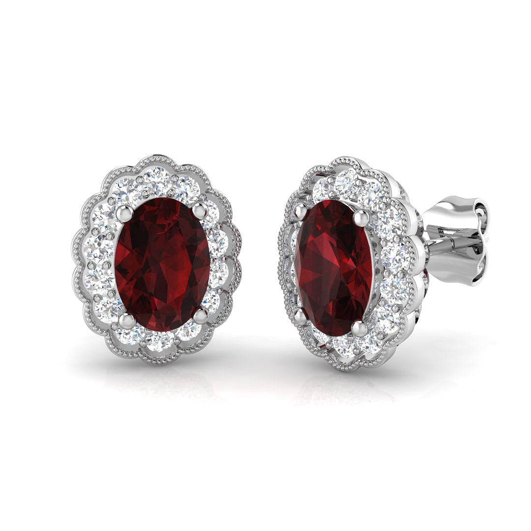 Ruby Halo Milgrain Stud Earrings in 10K/14K gold and platinum with certified lab-grown or natural diamonds