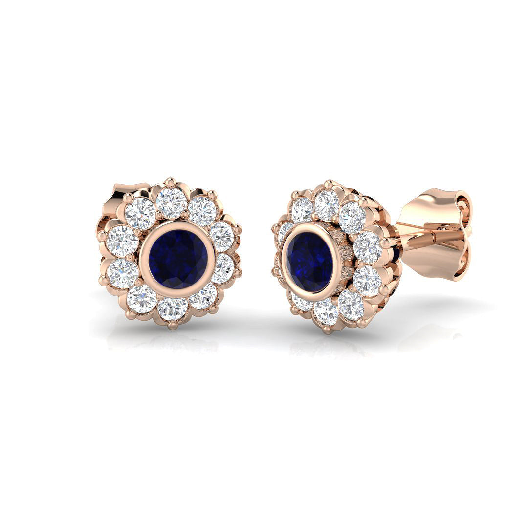 Round Cut Blue Sapphire Bezel Set with Pave Diamonds in 10K/14K gold and platinum with certified lab-grown or natural diamonds