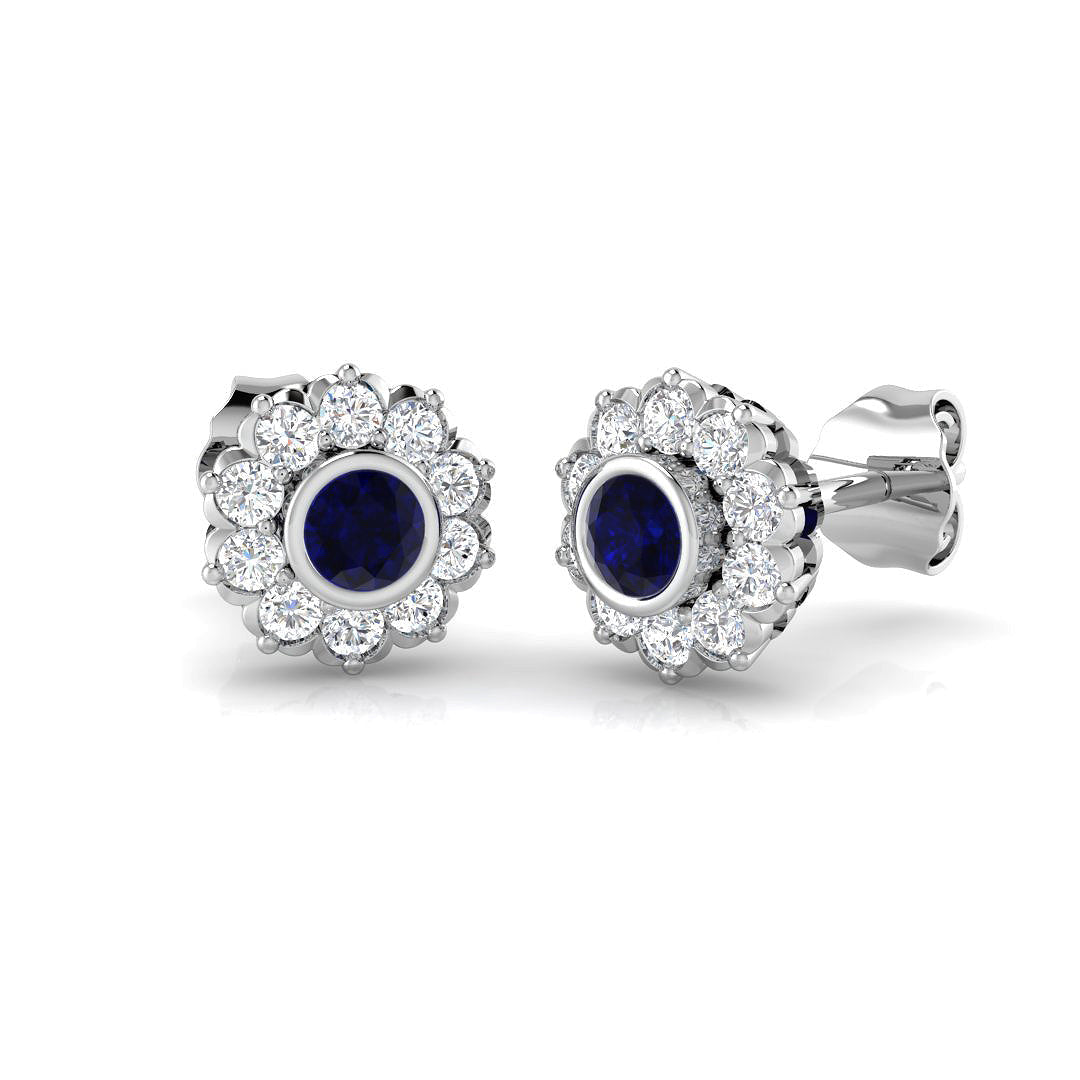 Round Cut Blue Sapphire Bezel Set with Pave Diamonds in 10K/14K gold and platinum with certified lab-grown or natural diamonds