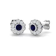 Round Cut Blue Sapphire Bezel Set with Pave Diamonds in 10K/14K gold and platinum with certified lab-grown or natural diamonds