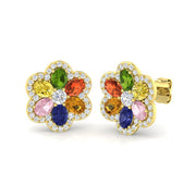 Luxury Oval Multi-Gemstone Diamond Flower Stud Earrings - 3.50ct Halo Design in 10K/14K gold and platinum with certified lab-grown or natural diamonds