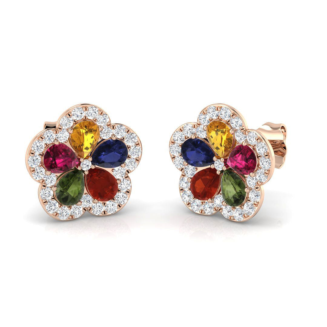 Vibrant Multi-Gemstone Diamond Flower Stud Earrings - 2.50ct Halo Design in 10K/14K gold and platinum with certified lab-grown or natural diamonds