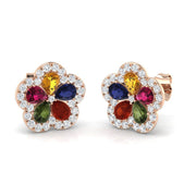 Vibrant Multi-Gemstone Diamond Flower Stud Earrings - 2.50ct Halo Design in 10K/14K gold and platinum with certified lab-grown or natural diamonds