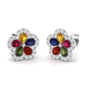 Vibrant Multi-Gemstone Diamond Flower Stud Earrings - 2.50ct Halo Design in 10K/14K gold and platinum with certified lab-grown or natural diamonds