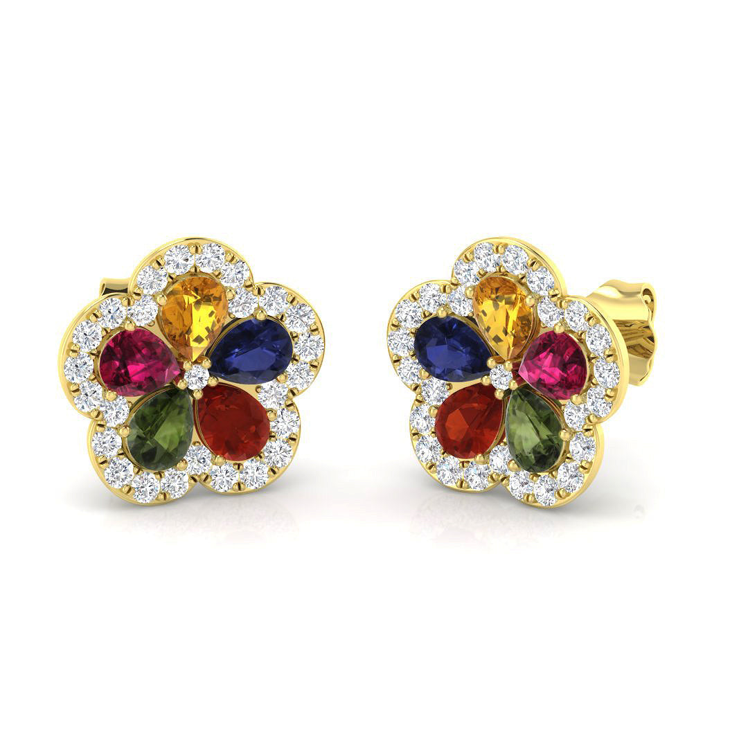 Vibrant Multi-Gemstone Diamond Flower Stud Earrings - 2.50ct Halo Design in 10K/14K gold and platinum with certified lab-grown or natural diamonds