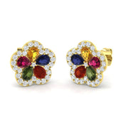 Vibrant Multi-Gemstone Diamond Flower Stud Earrings - 2.50ct Halo Design in 10K/14K gold and platinum with certified lab-grown or natural diamonds