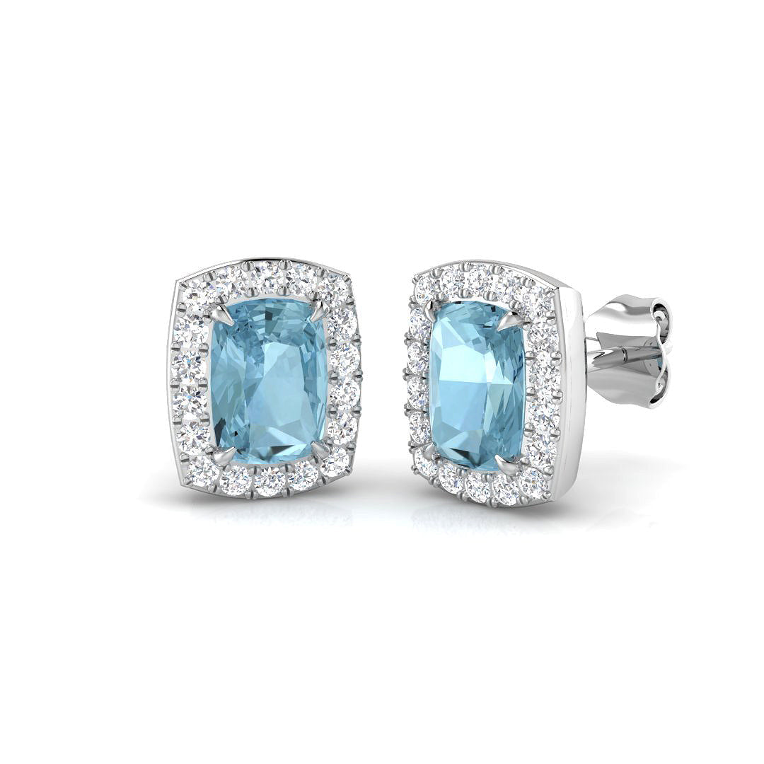 Aquamarine Halo Stud Earrings with Push Back Clasp in 10K/14K gold and platinum with certified lab-grown or natural diamonds