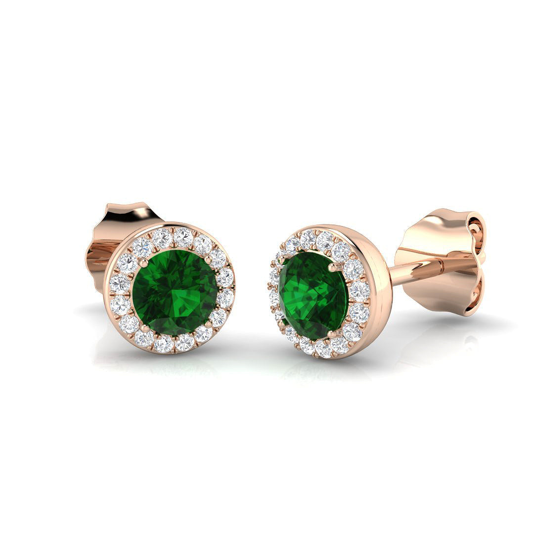 Green Emerald Halo Earrings in Gold - Gemstone Studs with Push Back in 10K/14K gold and platinum with certified lab-grown or natural diamonds