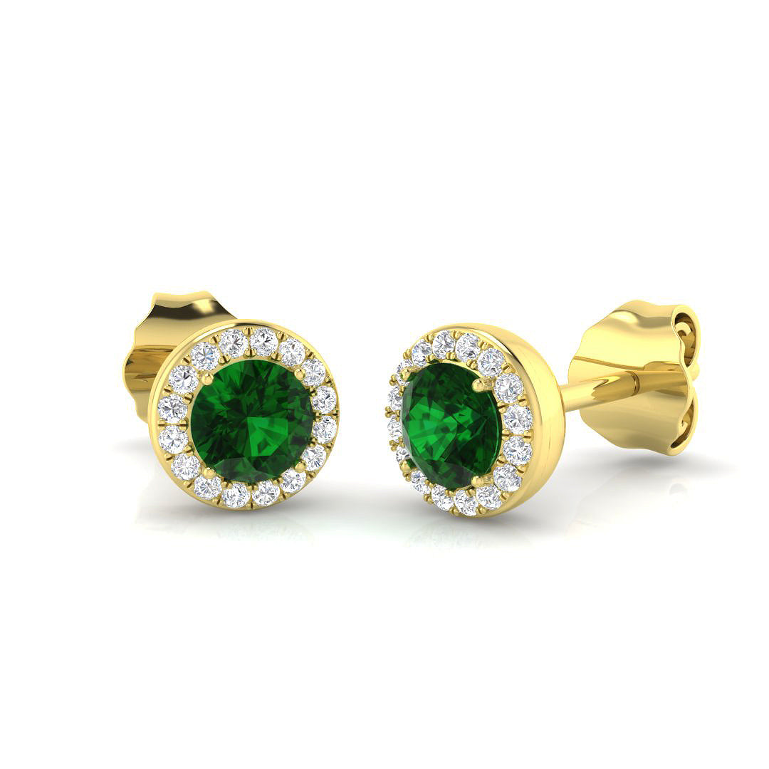 Green Emerald Halo Earrings in Gold - Gemstone Studs with Push Back in 10K/14K gold and platinum with certified lab-grown or natural diamonds