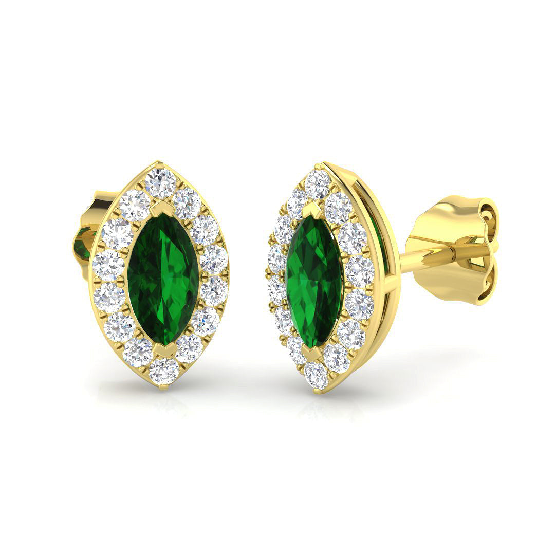 Marquise Cut Emerald Diamond Halo Stud Earrings - Push Back Closure in 10K/14K gold and platinum with certified lab-grown or natural diamonds