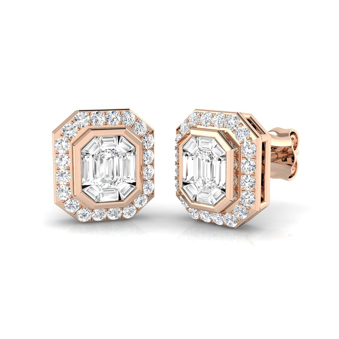 Stud Earrings with Emerald Cut Diamond Halo - 1ct Solid in 10K/14K gold and platinum with certified lab-grown or natural diamonds