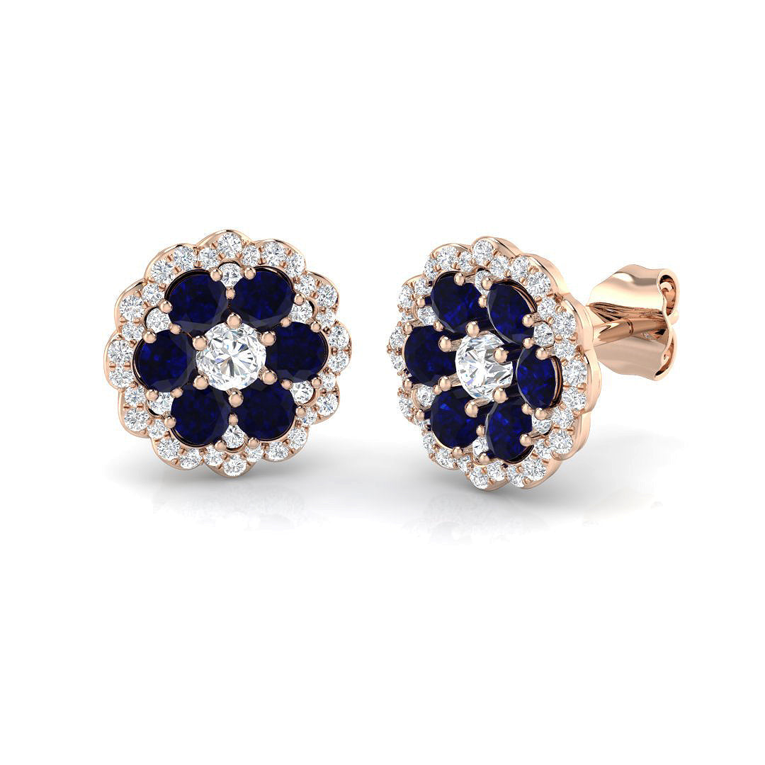 Round cut Blue Sapphire Cluster Diamond Earrings in 10K/14K gold and platinum with certified lab-grown or natural diamonds