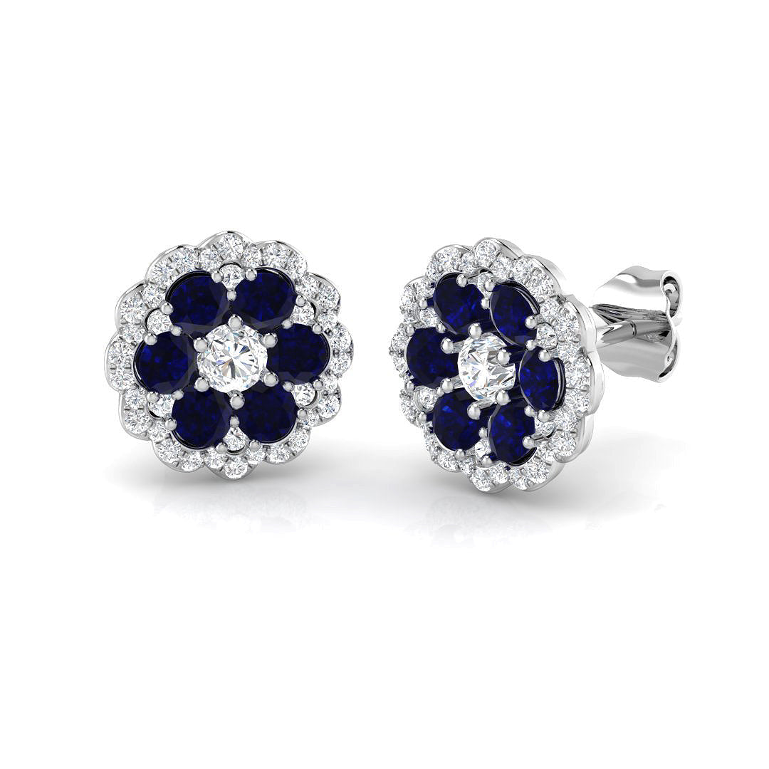 Round cut Blue Sapphire Cluster Diamond Earrings in 10K/14K gold and platinum with certified lab-grown or natural diamonds