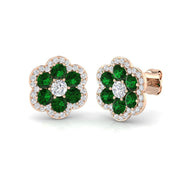 Emerald Floral Cluster Stud Earrings in Halo Design in 10K/14K gold and platinum with certified lab-grown or natural diamonds