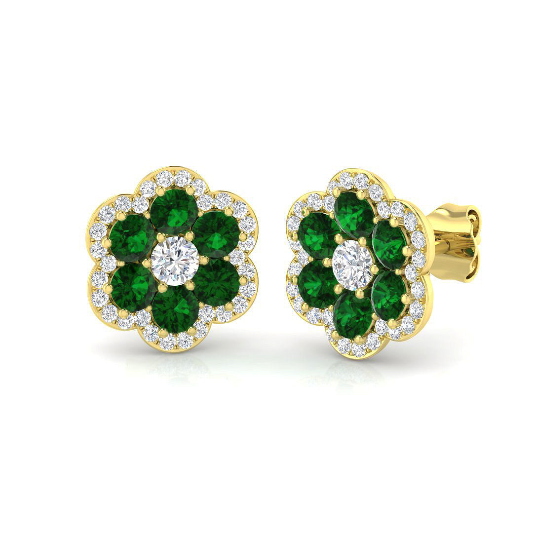Emerald Floral Cluster Stud Earrings in Halo Design in 10K/14K gold and platinum with certified lab-grown or natural diamonds