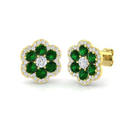 Emerald Floral Cluster Stud Earrings in Halo Design in 10K/14K gold and platinum with certified lab-grown or natural diamonds