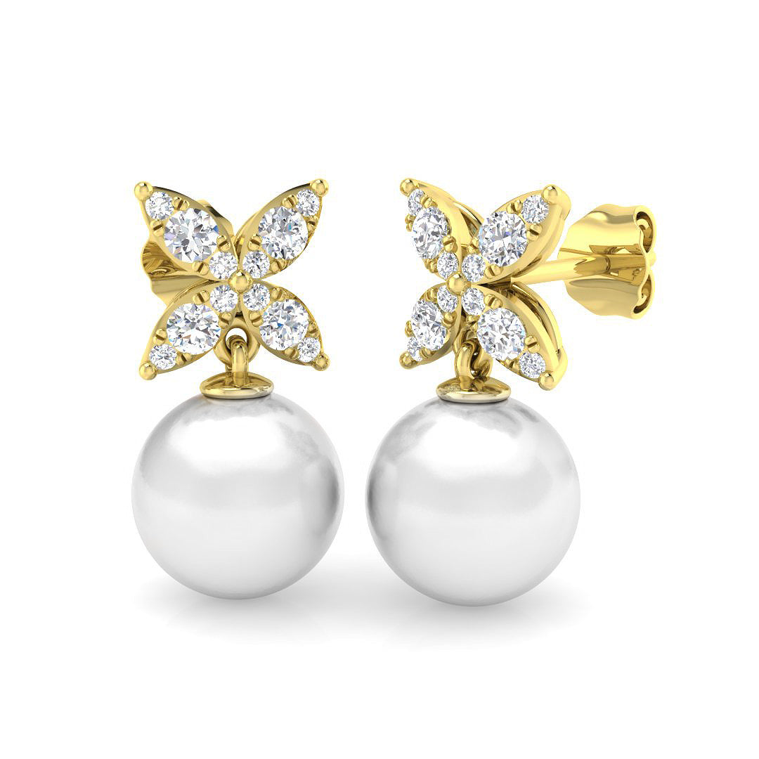 Butterfly Pearl Drop Earrings with Push Back Clasp in 10K/14K gold and platinum with certified lab-grown or natural diamonds