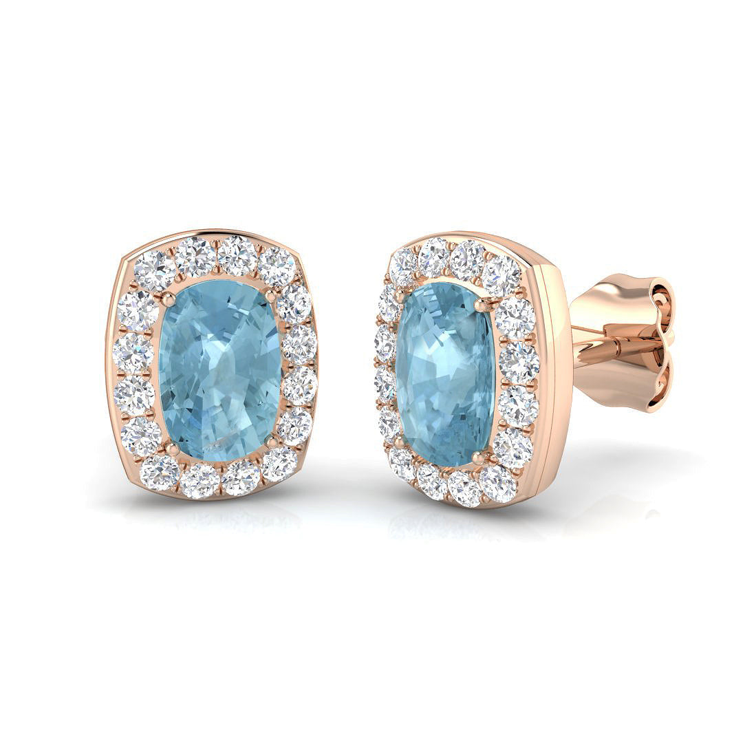 Cushion Cut Aquamarine Halo Stud Earrings in 10K/14K gold and platinum with certified lab-grown or natural diamonds