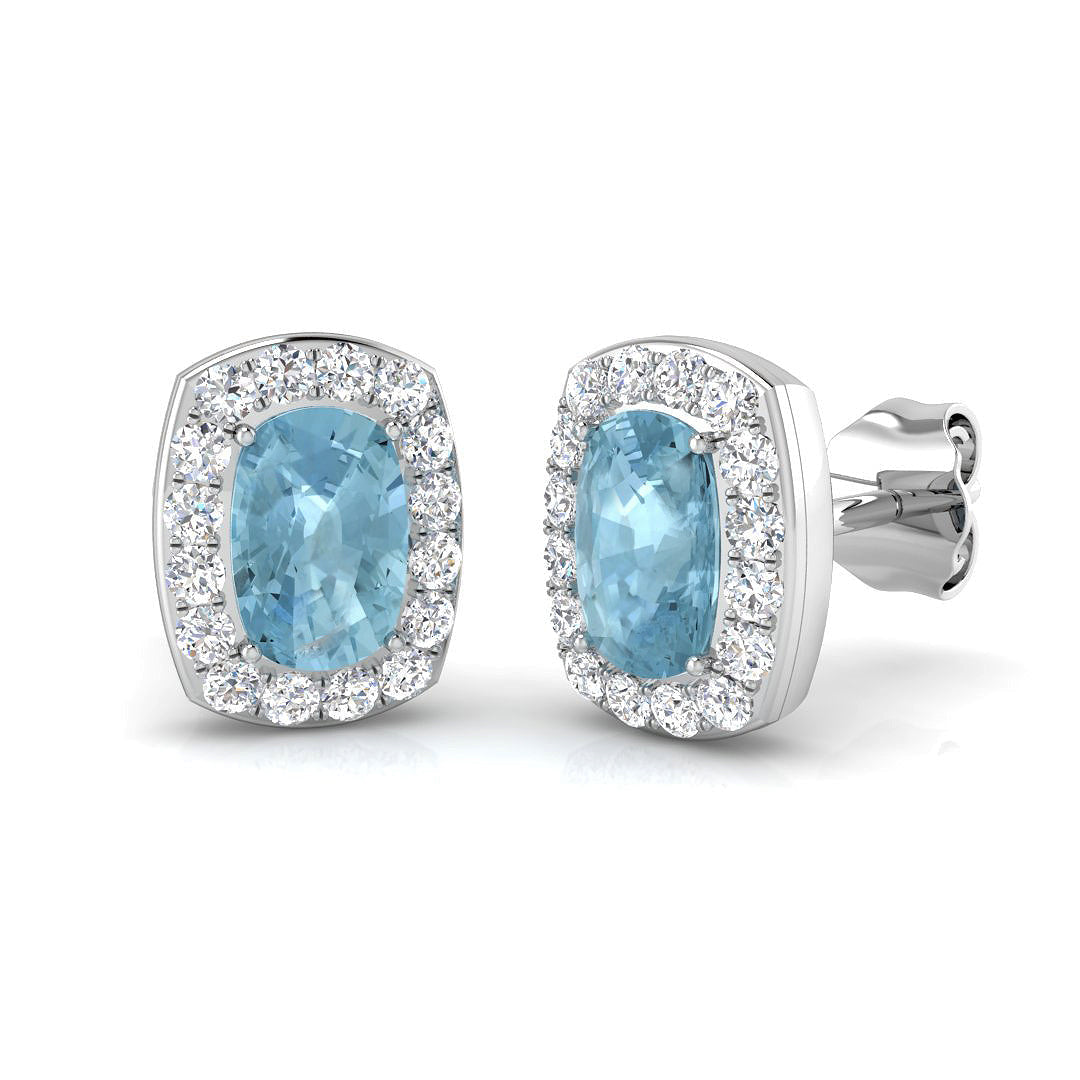 Cushion Cut Aquamarine Halo Stud Earrings in 10K/14K gold and platinum with certified lab-grown or natural diamonds