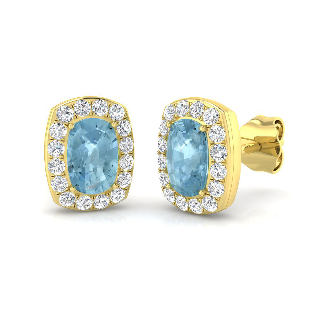 Cushion Cut Aquamarine Halo Stud Earrings in 10K/14K gold and platinum with certified lab-grown or natural diamonds