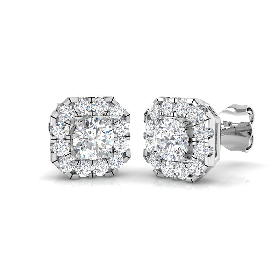 Halo Stud Earrings - 1.00 Carat Enssy Cushion Shaped Square Border in 10K/14K gold and platinum with certified lab-grown or natural diamonds