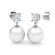 Pearl Diamond Drop Earrings with Round Diamonds - Gold & Platinum - UK in 10K/14K gold and platinum with certified lab-grown or natural diamonds
