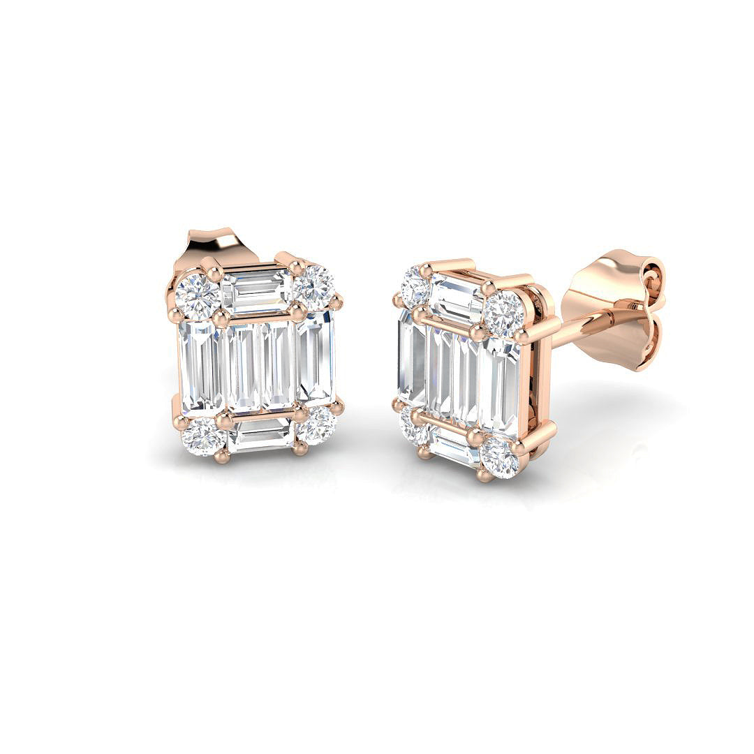 Stud Earrings with Rectangular Baguette Cluster - 1ct Solid in 10K/14K gold and platinum with certified lab-grown or natural diamonds