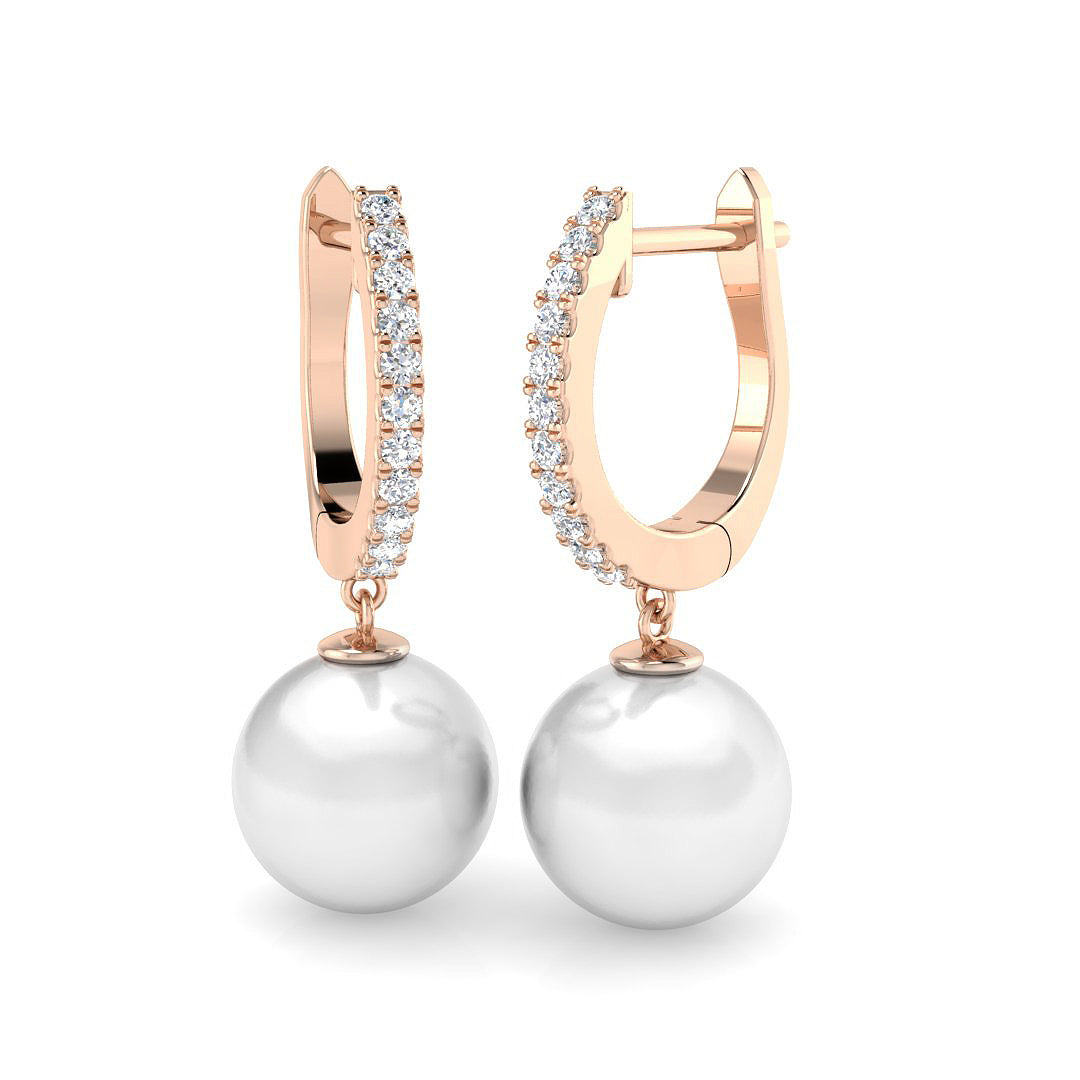 Pearl Diamond Hoop Earrings in Gold - Latch Back Clasp - UK Hallmarked in 10K/14K gold and platinum with certified lab-grown or natural diamonds