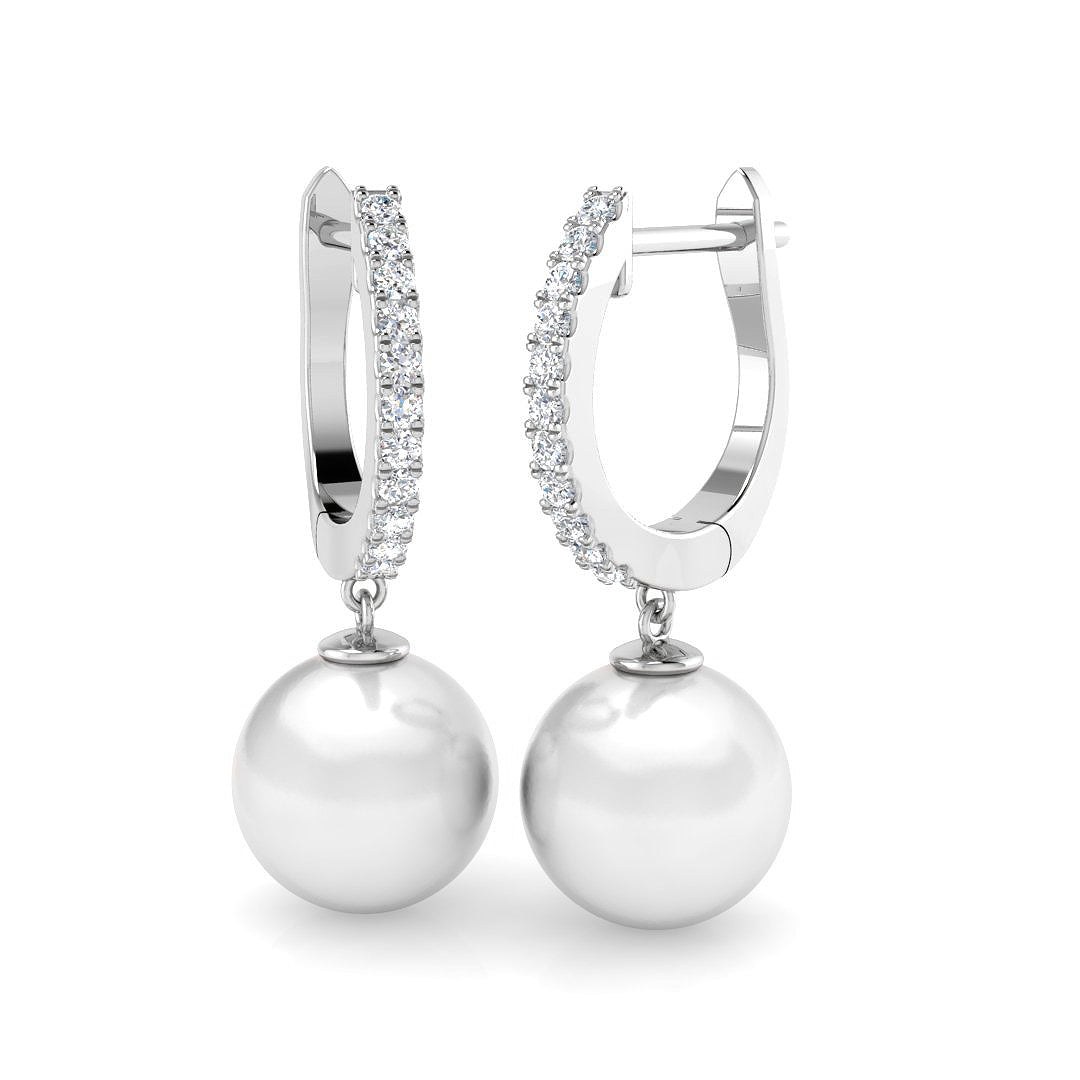 Pearl Diamond Hoop Earrings in Gold - Latch Back Clasp - UK Hallmarked in 10K/14K gold and platinum with certified lab-grown or natural diamonds