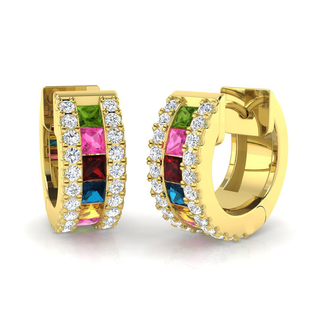 1.25 Ct Multi-Gemstone Gold Hoop Earrings in 10K/14K gold and platinum with certified lab-grown or natural diamonds