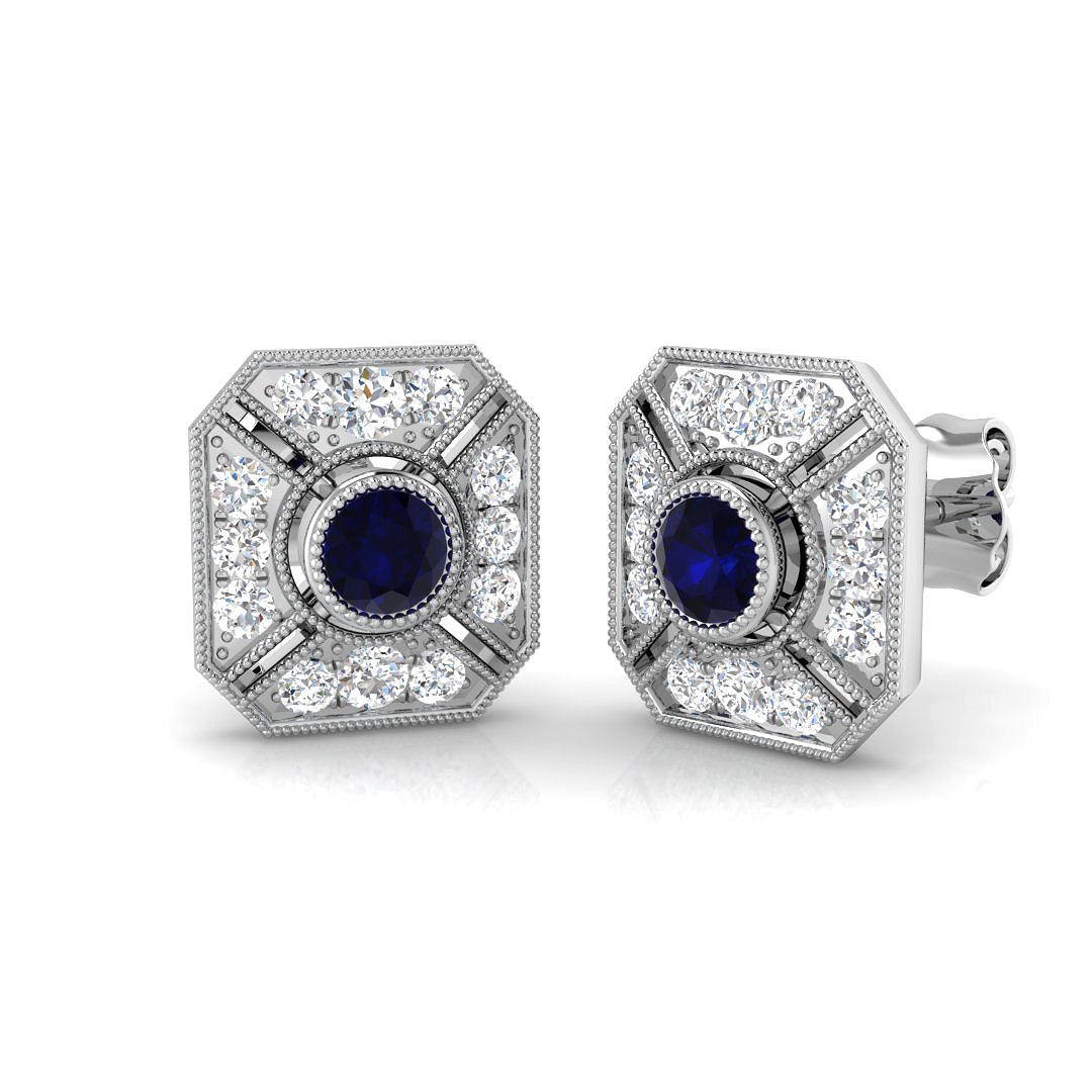 Blue Sapphire Vintage Halo Diamond Earring in 10K/14K gold and platinum with certified lab-grown or natural diamonds