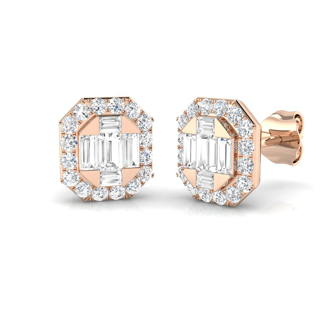 Stud Earrings with Octagon Diamond Halo Cluster - 0.5ct Solid in 10K/14K gold and platinum with certified lab-grown or natural diamonds