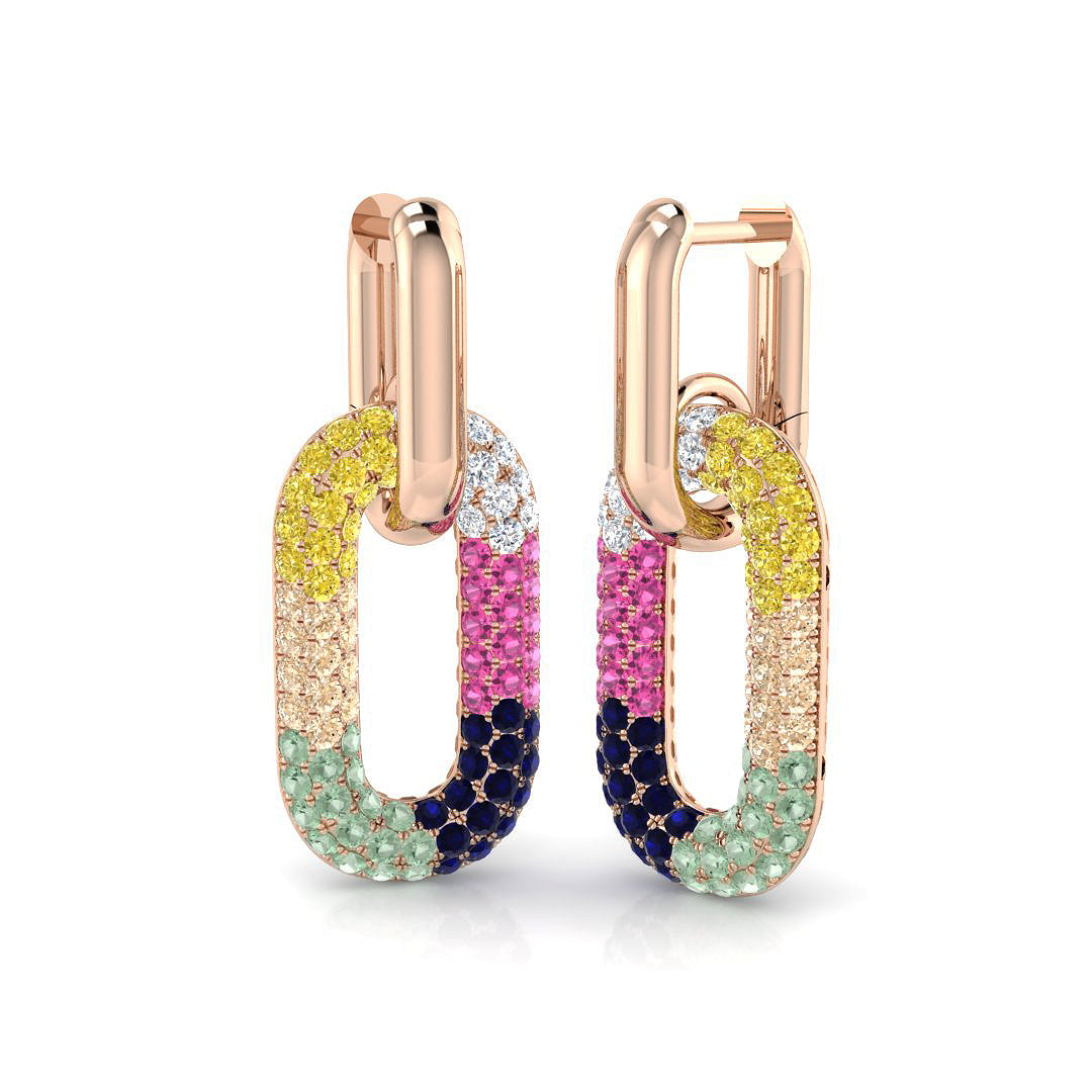 Luxury 2.0Ct Multi-Color Gemstone Paperclip Link Drop Earrings in 10K/14K gold and platinum with certified lab-grown or natural diamonds