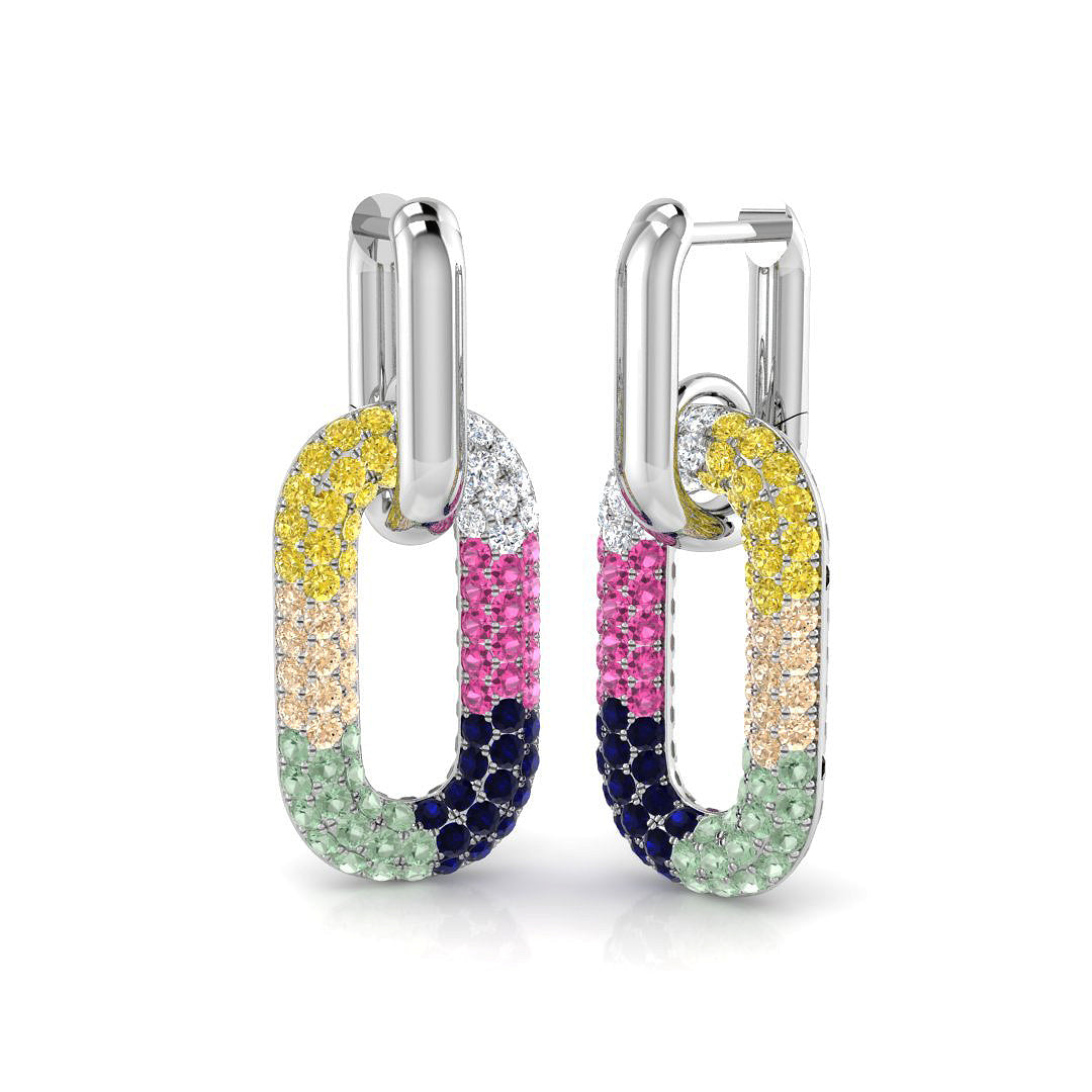 Luxury 2.0Ct Multi-Color Gemstone Paperclip Link Drop Earrings in 10K/14K gold and platinum with certified lab-grown or natural diamonds