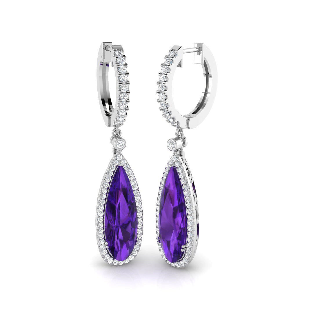 Teardrop Amethyst Diamond Drop Earrings in 10K/14K gold and platinum with certified lab-grown or natural diamonds