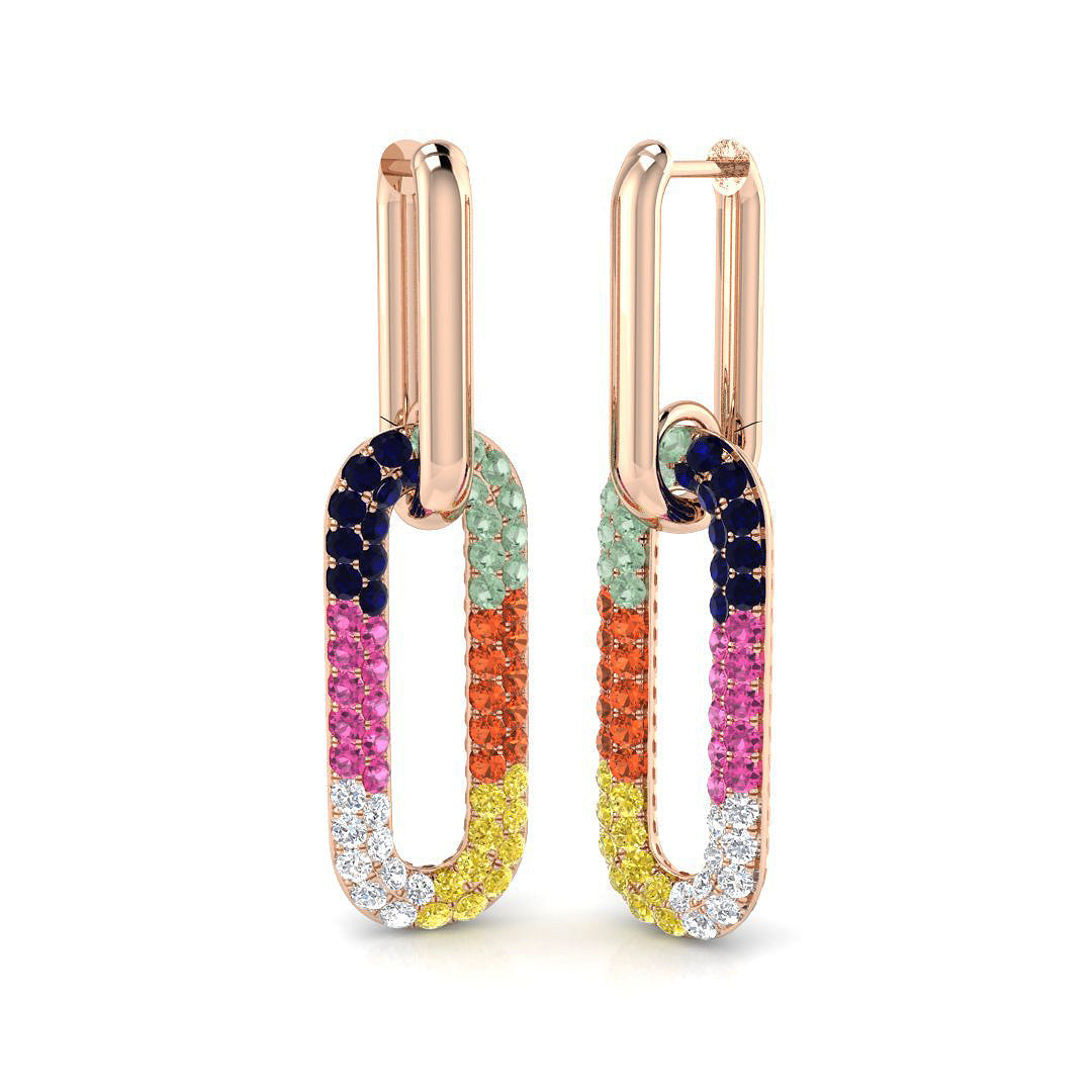 Vibrant 3.0Ct Rainbow Gemstone Paperclip Link Drop Earrings in 10K/14K gold and platinum with certified lab-grown or natural diamonds