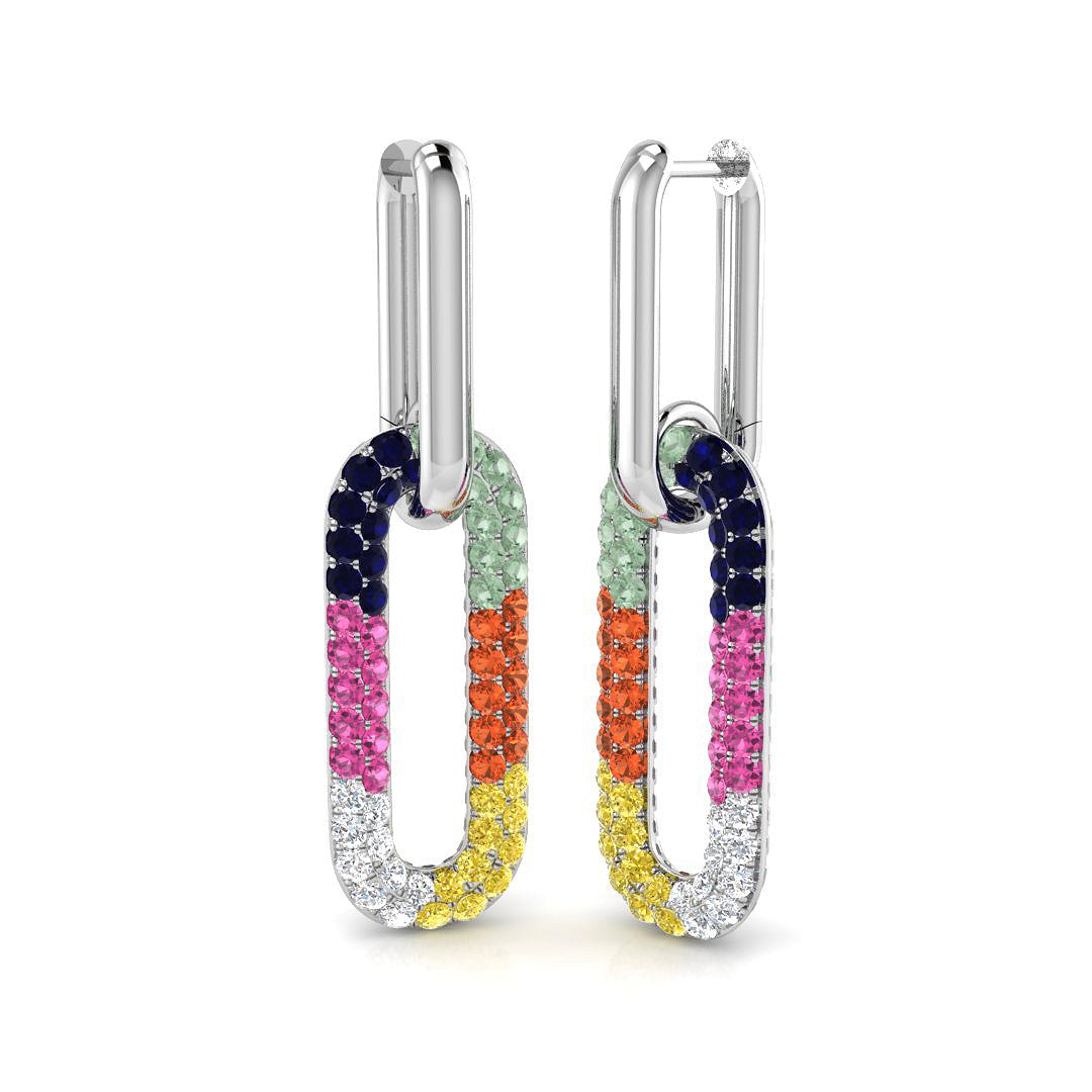 Vibrant 3.0Ct Rainbow Gemstone Paperclip Link Drop Earrings in 10K/14K gold and platinum with certified lab-grown or natural diamonds
