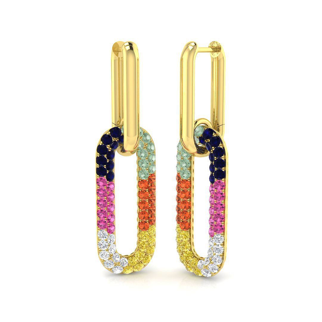Vibrant 3.0Ct Rainbow Gemstone Paperclip Link Drop Earrings in 10K/14K gold and platinum with certified lab-grown or natural diamonds