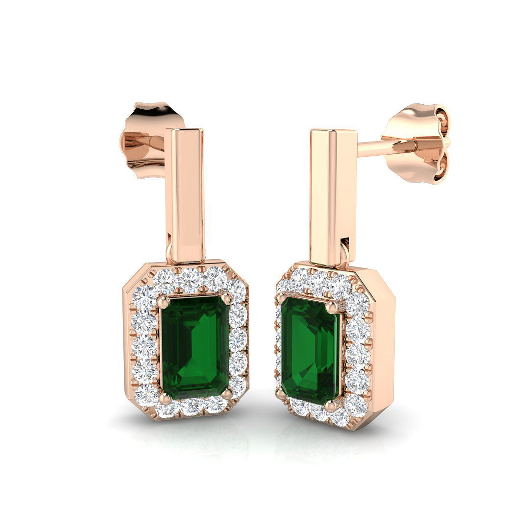 Green Emerald Halo Drop Earrings in 10K/14K gold and platinum with certified lab-grown or natural diamonds