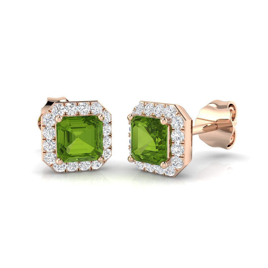 Halo Stud Earrings - 1.00 Carat Bibi Asscher Green Sapphire Octagon in 10K/14K gold and platinum with certified lab-grown or natural diamonds