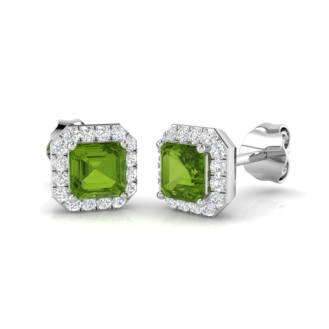 Halo Stud Earrings - 1.00 Carat Bibi Asscher Green Sapphire Octagon in 10K/14K gold and platinum with certified lab-grown or natural diamonds