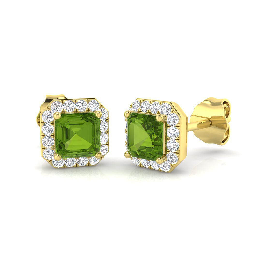 Halo Stud Earrings - 1.00 Carat Bibi Asscher Green Sapphire Octagon in 10K/14K gold and platinum with certified lab-grown or natural diamonds