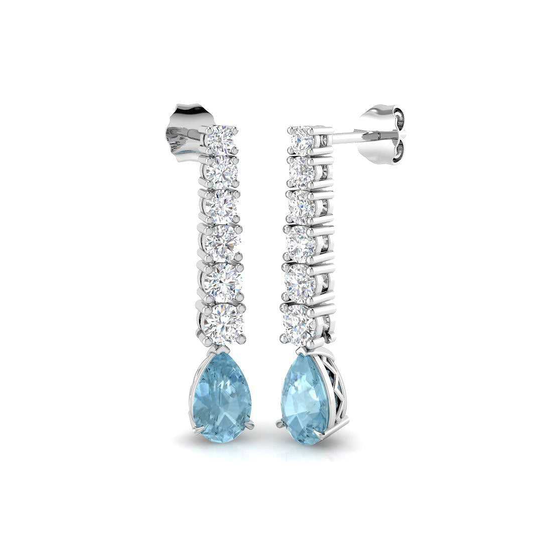 Teardrop Aquamarine Diamond Drop Earrings with Liner Diamonds in 10K/14K gold and platinum with certified lab-grown or natural diamonds
