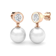 Pearl Diamond Drop Earrings with Bezel Set Round Diamonds - Push Back in 10K/14K gold and platinum with certified lab-grown or natural diamonds